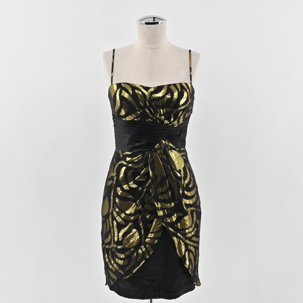 Vtg Y2k Aidan Mattox Silk Metallic Dress Size 2 Gold Black Print Mini Sleeveless
